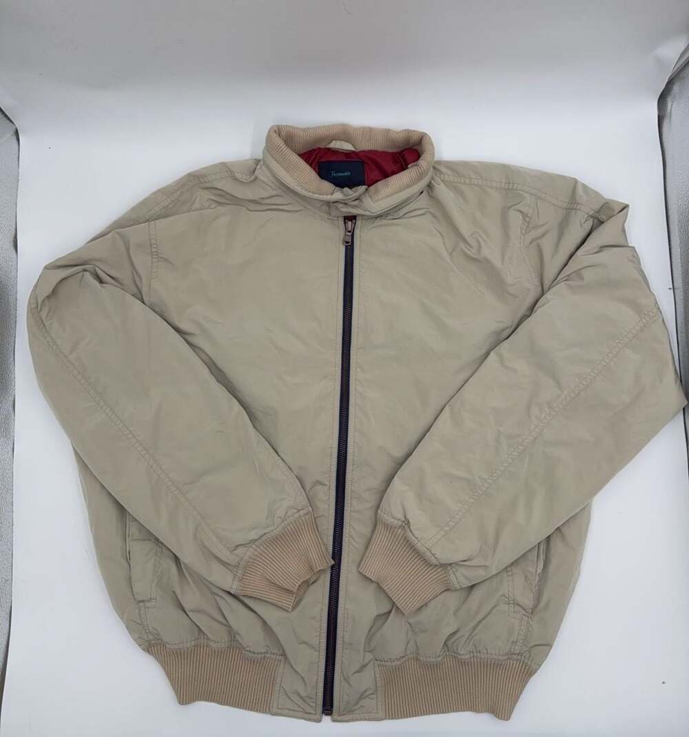 Faconnable Mens Tan Beige Bomber Jacket Red Lining Full Zip Padded Coat Large